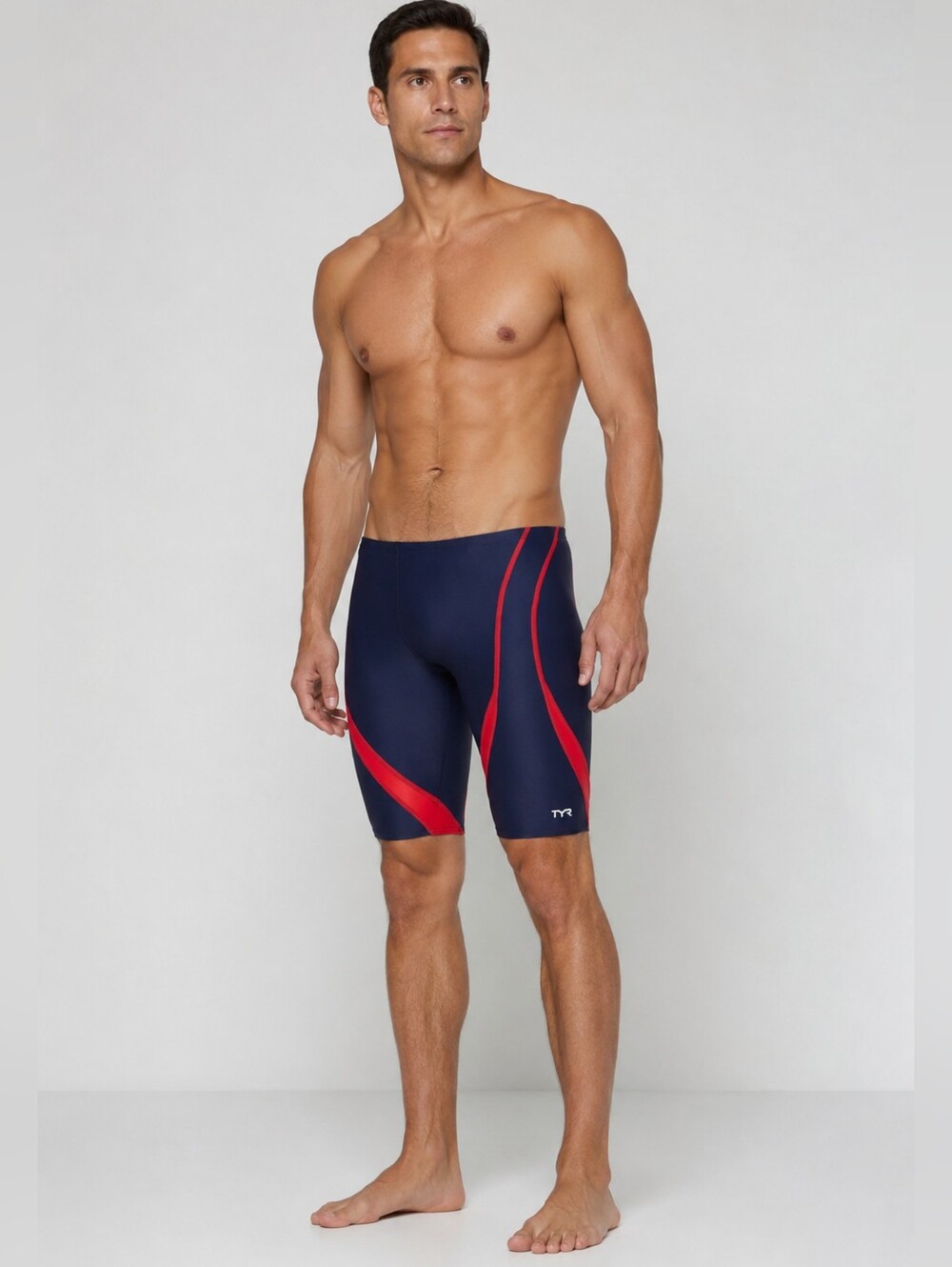 TYR Men's Jammer Swim Shorts Size 32 Navy Red Chlorine Resistant UPF 50+ NWT